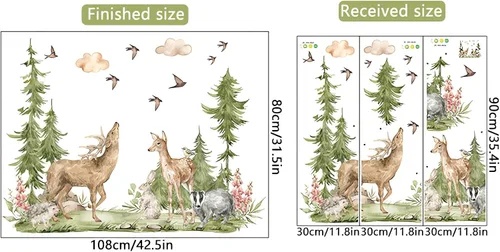 Vista 3 de Calcomanías de pared grandes de alce sika con alce de bosque, selva tropical, selva tropical, animales de selva, conejo, tejón, erizos, vinilo