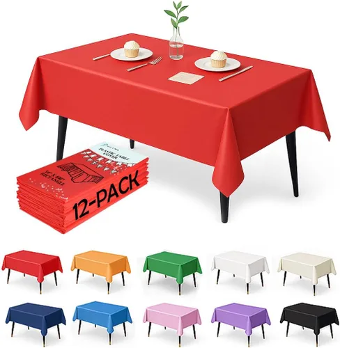 Vista 23 de Paquete de 12 manteles de plástico negro – Cubiertas de mesa desechables de 54 x 108 pulgadas para mesas rectangulares, resistentes y resistentes al