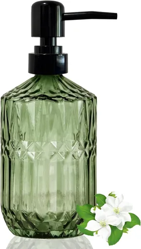 Vista 10 de Dispensador de jabón de vidrio con bomba dorada de 14 onzas, diseño de diamante ámbar, botella líquida recargable para encimera, dispensador