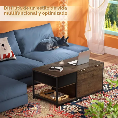 Vista 5 de SINPAID Mesa de centro con almacenamiento, mesas de centro rectangulares para sala de estar, mesa de centro de granja con compartimento de Nogal
