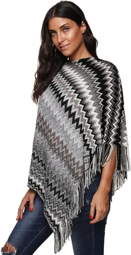 Vista 2 de SherryDC Poncho con flecos de punto en zigzag para mujer