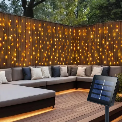 Vista 8 de DBFAIRY Cortina de luces solares, 13 x 3.3 pies, 200 luces LED solares para exteriores, impermeables, cable verde con 8 modos para decoración