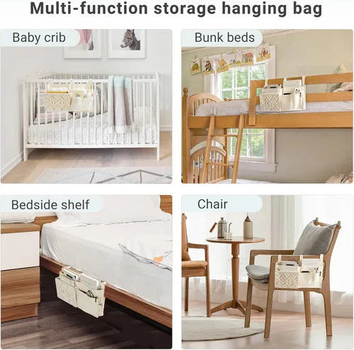 Vista 4 de Mkono Organizador colgante para mesita de noche, litera tejida con 7 bolsillos, bolsa de almacenamiento para cama, estilo bohemio, con control