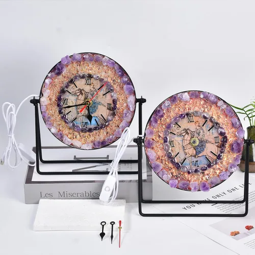 Vista 5 de JIC Gem Reloj de cristal de amatista con lámpara, reloj decorativo de escritorio, piedra de amatista púrpura, puerto USB, luz nocturna, decoración