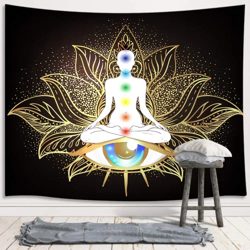 Vista 3 de JAWO Tapiz de meditación, decoración de yoga, pequeño tapiz para colgar en la pared para dormitorio, tapiz de loto negro dorado, póster de manta