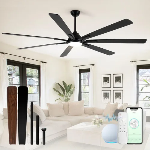 Vista 9 de Ventilador de techo con aspas de aluminio de 60 pulgadas con luz, ventilador inteligente industrial que funciona con Alexa, ventiladores de techo