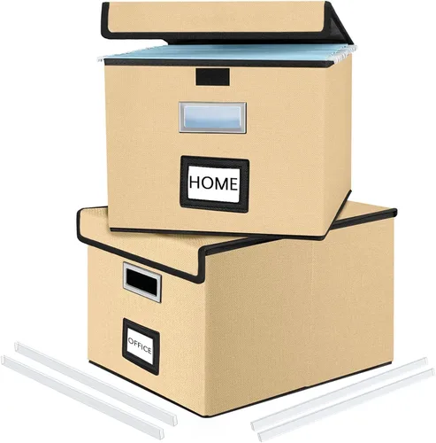 Vista 53 de Caja organizadora de archivos Huolewa con tapa, caja organizadora de carpetas de archivos colgantes de cuero sintético plegable con deslizadores