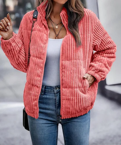 Vista 3 de Angashion Chaqueta bomber de pana acanalada acolchada con cremallera para mujer, abrigo de invierno de manga larga con bolsillos