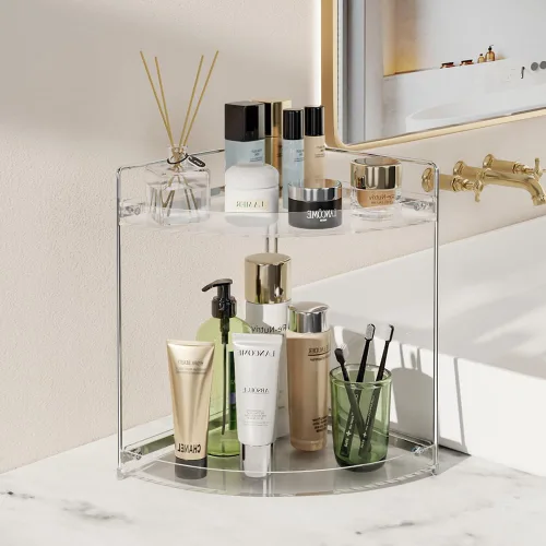 Vista 4 de Organizador de maquillaje de esquina de 2 niveles para tocador, organizador de encimera de baño acrílico, organizador de bandeja de perfume