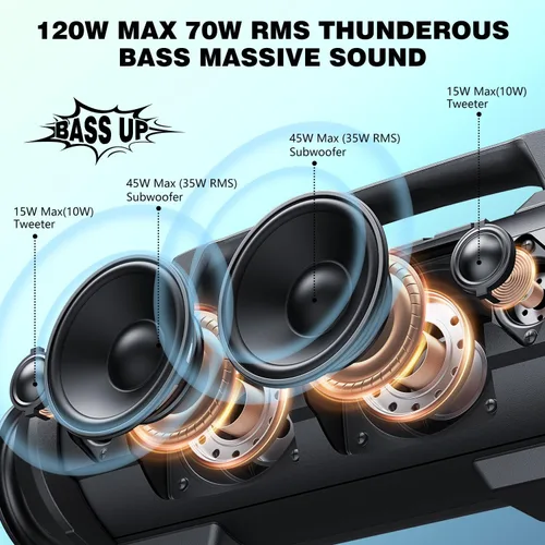 Vista 4 de W-KING Altavoz Bluetooth portátil con micrófono inalámbrico, 120 W pico 70 W RMS altavoces Bluetooth impermeables para exteriores, graves 110 dB, 42