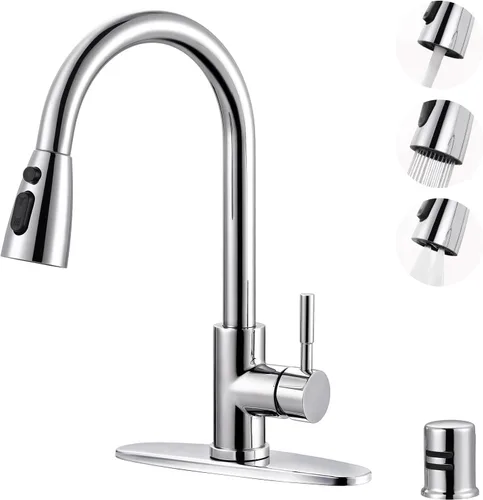 Vista 10 de WOWOW Grifo de cocina con rociador, grifo de fregadero de cocina, acero inoxidable SUS 304, grifo de cocina de níquel cepillado de arco alto