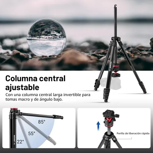 Vista 4 de NEEWER Basics - Trípode de viaje de 66.5"/169 cm para cámara, soporte DSLR portátil ligero con cabeza de bola, placa QR tipo Arca, soporte