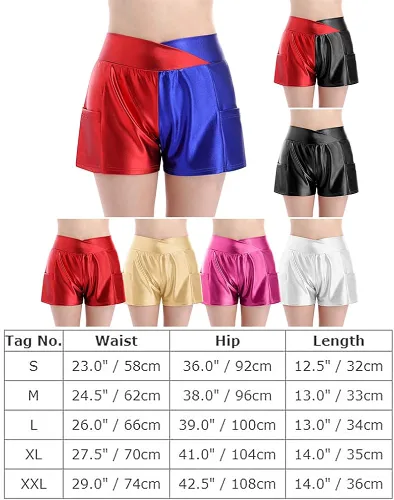 Vista 7 de Pantalones cortos de baile brillantes para mujer con frente en V cintura alta para yoga gimnasio fiesta de rave pantalones cortos con bolsillos
