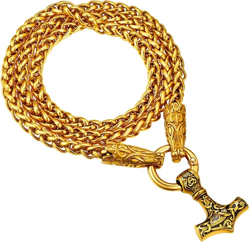Vista 22 de PROSTEEL Thor Hammer/Thor Axe/Raven/Odin Necklace for Men Women Negro