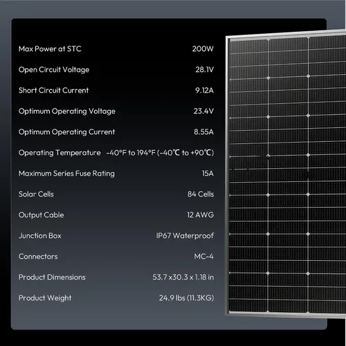 Vista 7 de Epoch Paneles solares biaciales de 200 W, panel solar monocristalino de 16 BB de 12/24 voltios, módulo solar impermeable de alta eficiencia