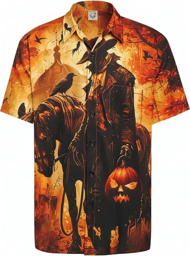 Vista 16 de Camisa de Halloween para Hombre de Hardaddy, de Manga Corta, con Botón, con Estampado Gracioso, Camisa Casual Negro
