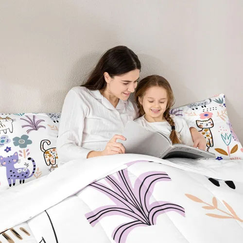Vista 6 de Feelyou Juego de edredón de dibujos animados de gatos, juego de edredón de gatitos y flores, para niños, niñas, adolescentes, mascotas, gatos, juego