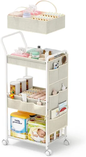 Vista 11 de BBLIKE Organizador de pañales de 3 niveles – Carrito de bebé utilitario rodante con cesta y bolsillos laterales para guardería y artículos