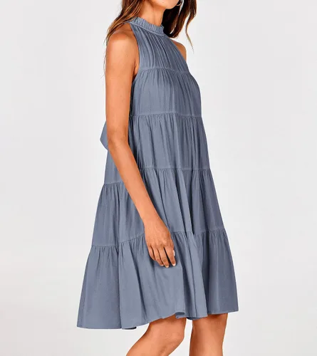 Vista 6 de Okiwam - Vestido de verano para mujer sin mangas y con cuello halter, vestido estilo bohemio vaporoso y plisado, minivestido de cóctel holgado