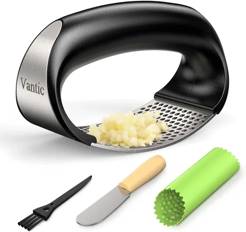 Vista 8 de Vantic Prensa de Ajo Basculante - Trituradora de Ajo de Acero Inoxidable, Picadora y Cortadora con Pelador y Raspador, Utensilio de Cocina Fácil
