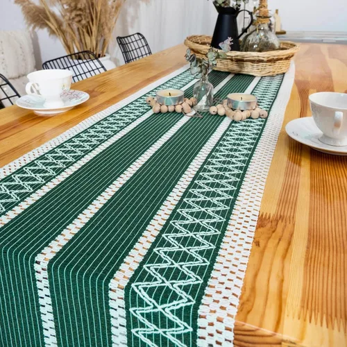 Vista 3 de Camino de mesa de algodón bohemio de 14 x 60 pulgadas, decoración de mesa para cocina o comedor, caminos de mesa tejidos verdes a rayas