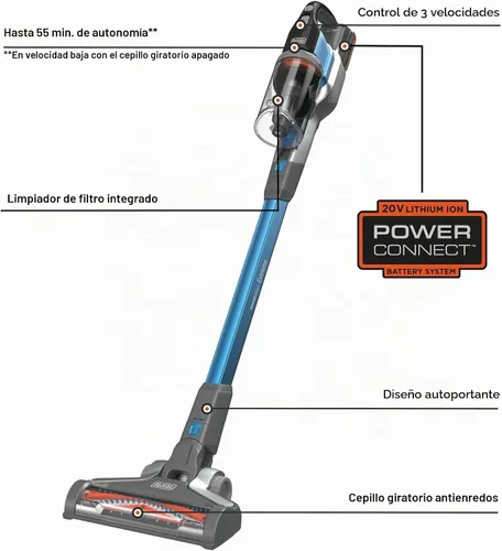 Vista 3 de Black+Decker Aspiradora inalámbrica, Powerseries Extreme, Aspiradora de palo recargable, cabezal intercambiable con accesorio para hendiduras