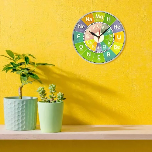 Vista 6 de The Geeky Days Reloj de tiempo Chem Tabla periódica Elementos de ciencia Reloj de pared de cuarzo silencioso Símbolos químicos Arte de pared
