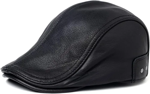 Vista 7 de Gorra plana de piel de cabra para hombre, correa ajustable que se adapta a 22.4-23.6 pulgadas, gorra de conducción negra, gorra de periódico