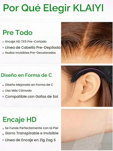 Vista 9 de KLAIYI Pre Everything™ Yaki - Pelucas de cabello humano lacio Yaki sin pegamento con reflejos degradados, color marrón balayage, encaje frontal