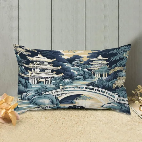 Vista 3 de Chinoiserie - Fundas de almohada decorativas de porcelana azul y blanca con patrón de edificios de estilo chino de 12 x 20 pulgadas, fundas de cojín