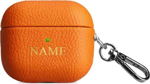 Vista 7 de Funda de cuero con iniciales personalizadas para Apple Airpods 3 2021, funda vegana de lujo con llavero con nombre personalizado en relieve y letras