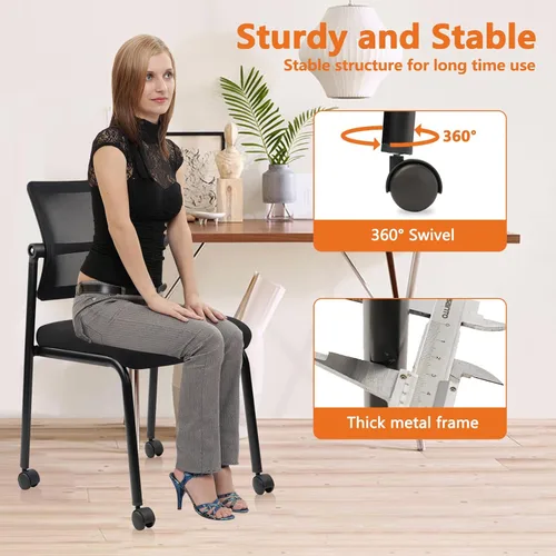 Vista 6 de CLATINA Silla de oficina apilable sin brazos con ruedas, sillas apilables de malla para recepción de invitados con respaldo ajustable para sala