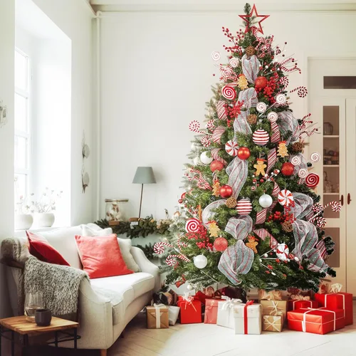 Vista 3 de WBHome Árbol de Navidad artificial preiluminado de 7 pies con 400 luces LED enchufables y paquete de adornos, decoraciones de Navidad con temas