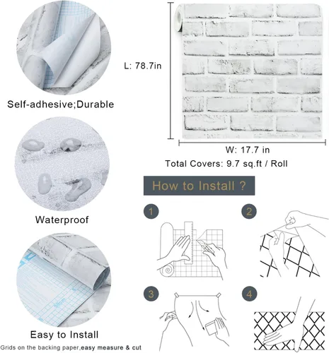 Vista 7 de Timeet - Papel pintado de despegar y pegar, papel de contacto de ladrillo blanco gris, papel de pared 3D autoadhesivo extraíble para dormitorio