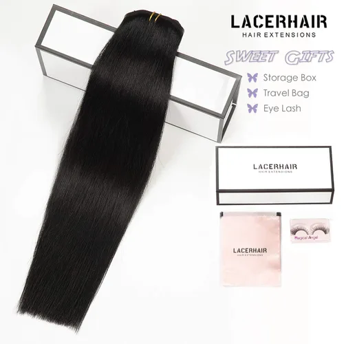 Vista 7 de Lacer Extensiones de cabello humano Remy sin costuras, color negro #1, ultra fino, doble trama de poliuretano, invisible, 7 unidades, 4.33 oz