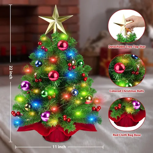Vista 4 de Small Christmas Tree, 22 in Mini Tabletop Christmas Tree with Colored Ornaments Ball, Star Treetop, Red Berries and Cloth Bag Base,Artificial Xmas