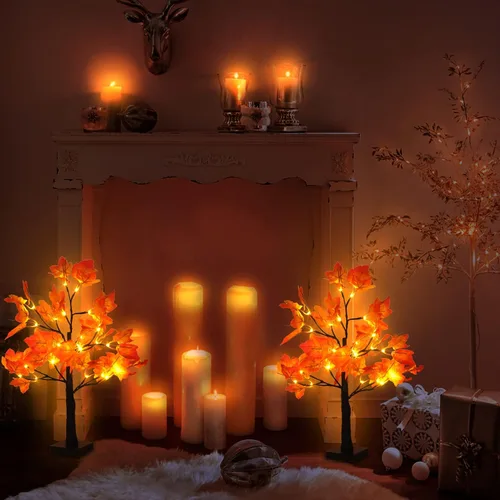 Vista 6 de Paquete de 2 árboles de arce iluminados de 20 pulgadas, 48 luces LED, árbol artificial de otoño para decoración de interiores de cosecha de Acción