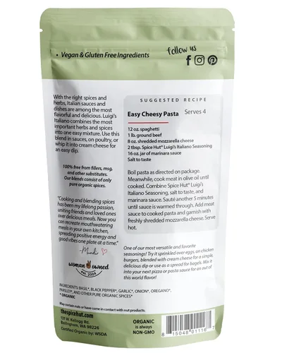 Vista 2 de Luigi's - Condimento italiano, condimento italiano clásico orgánico rico y robusto, bolsa pequeña sin sal, condimento italiano Luigi's, 1.2 onzas