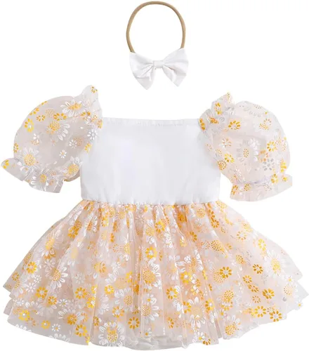 Vista 19 de IDOPIP Conjunto de 2 piezas para bebé recién nacido, con diadema, bordado de flores, tutú, princesa, fiesta de cumpleaños, conjunto de ropa