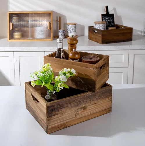 Vista 8 de TIMRIS Juego de 3 cajas de madera rústica envejecida anidables, cajas de almacenamiento de madera decorativas de estilo granja, cestas de madera