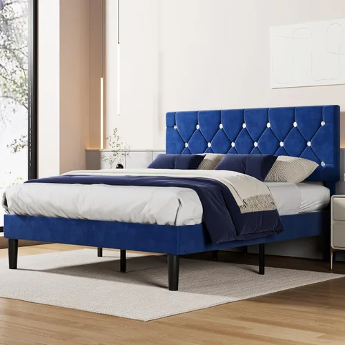 Vista 27 de VECELO Base de cama tamaño individual con plataforma tapizada con cabecera ajustable de botones de diamante, soporte de listones de madera,