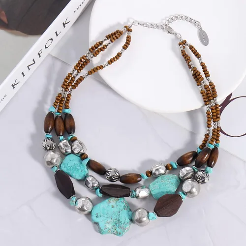 Vista 2 de BOCAR Collar grueso de 3 capas de madera turquesa con cuentas de múltiples hebras, collar hecho a mano, joyería para regalos de mujer