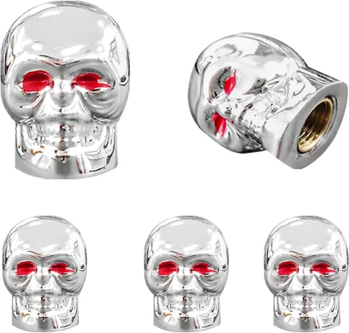 Vista 9 de Dickno 5 tapas de vástago de válvula de neumático estilo calavera con anillo de goma, cubierta de tapones de aire de auto con ojos rojos, tapas