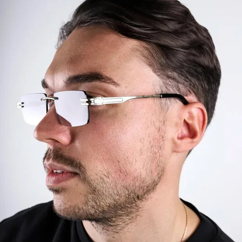 Vista 4 de Lentes de sol rectangulares con marco de metal dorado sin montura morada para mujeres y hombres, estilo vintage, hip hop, años 90, protección UV