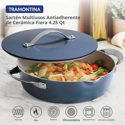 Vista 5 de Tramontina Fiora - Sartén antiadherente de cerámica con tapa de 4.25 Azul