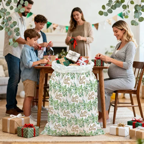 Vista 6 de WRAPAHOLIC Bolsa de regalo de plástico neutro extra grande de 56 pulgadas para bebé, hojas de eucalipto, bolsa de bicicleta jumbo para regalos