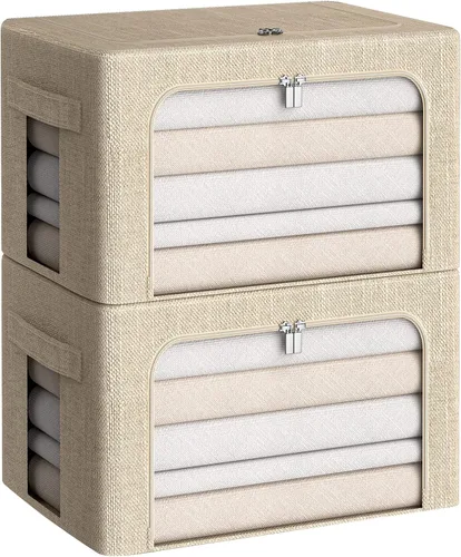 Vista 13 de CYhom Caja de almacenamiento de ropa, juego organizador plegable de tela de lino con ventana transparente, asas de transporte y marco de metal, 2