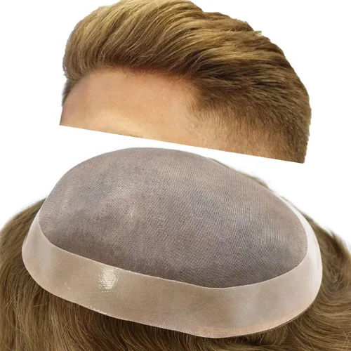 Vista 64 de Mens Toupee Hair Piece Real Human Hair Fine Mono Toupee para hombres Sistema de reemplazo de cabello para hombre Postizo Protesis Capilar Para