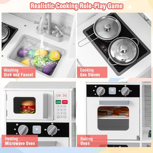 Vista 2 de Costzon Juego de cocina para niños, juego de madera para niños pequeños con luces y sonidos reales, fregadero, grifo, dispensador de agua, Blanco