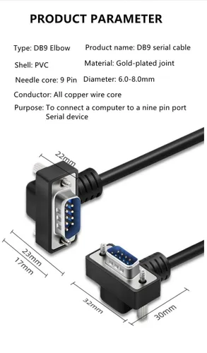Vista 5 de DB9 macho a hembra RS232 Cable serial, doble ángulo recto 90 grados 9 pines COM extensión de puerto para PC, industrial, CNC y sistemas POS Niquelado